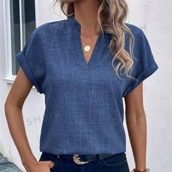 Tops - Short Sleeve Batwing Top W/ Notched V-Neckline